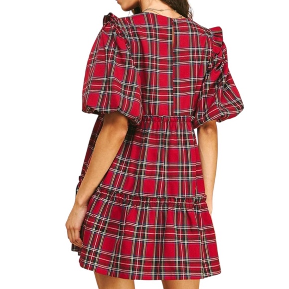 Tartan Plaid Tiered Ruffle Puff Sleeve Dress - Picture 11 of 11